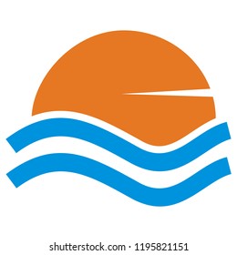 Sunset above the water surface. Orange sun and blue waves. Concept for holiday activity. Isolated object.