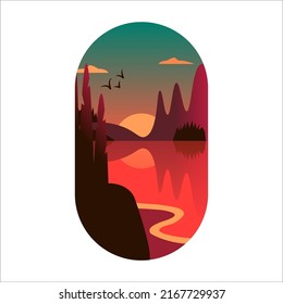Sunset abstract flat illustration. Sunset on the lake in the forest. Vector stock illustration