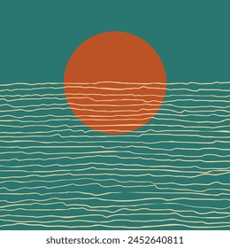 Sunset abstract vector illustration, Sun setting over the sea horizon, Hand drawn uneven parallel horizontal lines over a big orange circle on a teal color square background