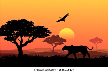 Sunset in Africa with bird and tiger