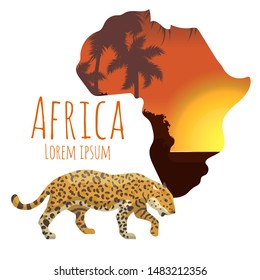 Sunset Africa continent with gepard vector illustration. Orange and black silhouette of map of Africa, cartoon wild african gepard for infographic or poster.