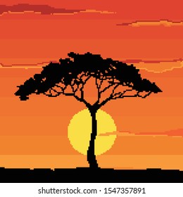 Sunset in Africa with giraffe and trees, savanna landscape vector illustration. Pixel art. 8 bit. 