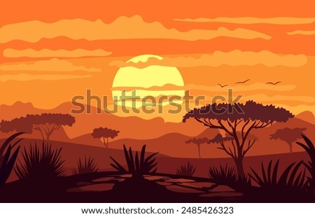 Sunset in Africa savanna cartoon landscape