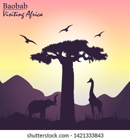 Sunset in Africa silhouette with baobab tree, giraffe and elephant vector illustration.