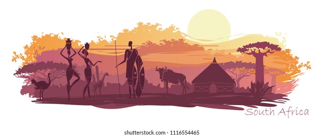 Sunset in Africa with the silhouettes of national housing, baobabs, acacia, wildebeest and natives