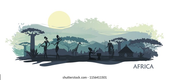 Sunset in Africa with the silhouettes of national housing, baobabs, acacia, giraffe and natives