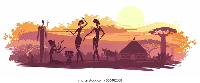 Sunset in Africa with the silhouettes of national housing, baobabs, acacia, wildebeest and dancing natives