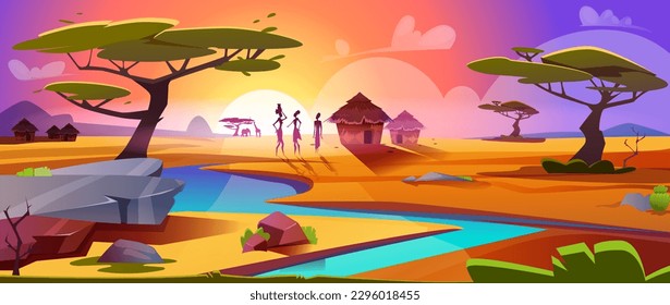 Sunset in Africa. Silhouettes of residents and elephant against backdrop of national houses and sun. Beautiful natural panorama. Savannah landscape. Stones and lake near tree. Flat vector illustration