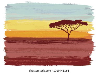 Sunset african landscape vector illustration. Colorful sky scene.