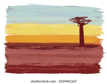 Sunset african landscape vector illustration. Colorful sky scene.