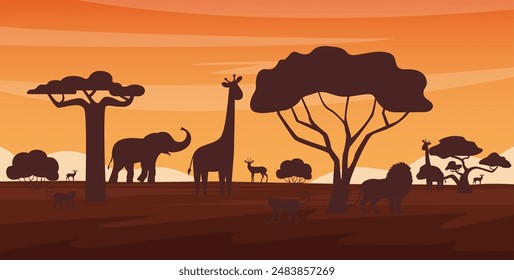 Sunset African landscape with wild animals. Welcome to Africa poster template. Vector