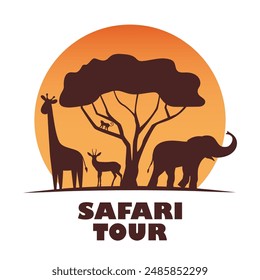 Sunset African landscape with wild animals. Safari tours advertising. Welcome to Africa poster template. Vector
