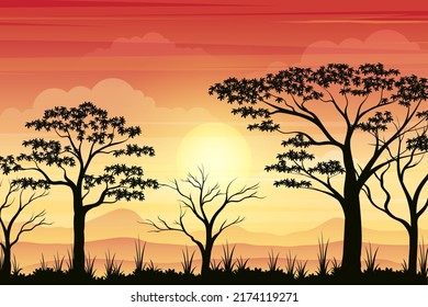 Atardecer en el fondo vectorial de la sabana africana