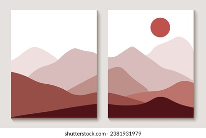 Atardecer sobre el telón de fondo de las montañas. Afiche al estilo boho. El paisaje natural. Diseño escandinavo para la decoración de paredes.Pintura vertical minimalista.Imagen vectorial.