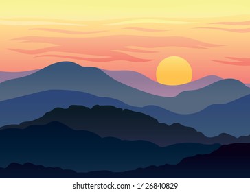 Sunset against the orange sky. Vector illustration on white background.