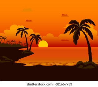 Sunset against a tropical beach. Sunset in beach and tropical sea. Vector illustration.