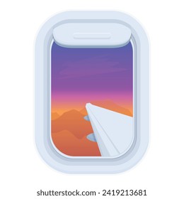 Vector de caricatura de icono de la ventana del avión de apertura. Vista de vacaciones. Diversión de vuelo