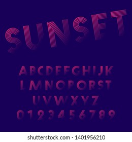 Sunset alphabet font template. Set of letters and numbers line design. Vector illustration.