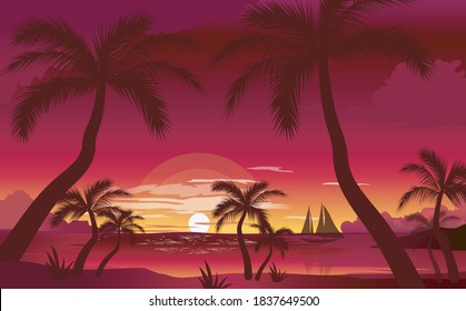 sunset among palm trees with ship