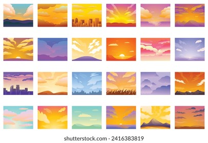Sunset anime icons set cartoon vector. Sky cloud evening. Cloudy view