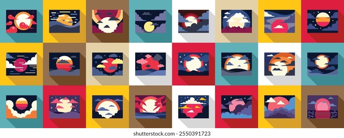 Sunset anime icons set. Twenty four pixel art illustrations depicting various sunset and sunrise scenes, perfect for any project needing a retro touch
