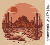 Sunset in the Arizona desert. Cactuses on the background of rocks. Vector illustration