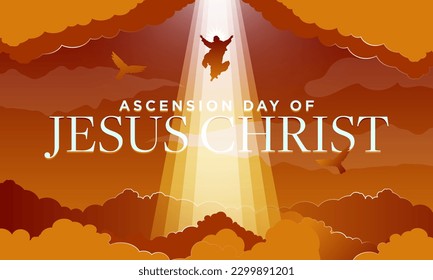 Sunset Ascension day of Jesus Christ. Paper origami style of Jesus Christ rising to heaven accompanied by doves and 
 rays of heavenly light. Vector Illustration. EPS 10.