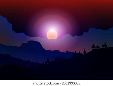 atardecer, concepto atmosférico, noche y oscuridad está por venir, gradación oscura disponible, ilustración vectorial para el diseño, publicidad, negocios.