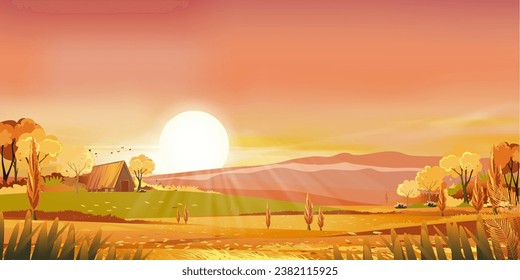 Sunset Autumn landscape yellow sky with cloud background,Vector Cartoon fall season countryside Fram field,forest and mountain with Morning Sunrise,Backdrop Horizon Banner Scenery of beautiful Nature 