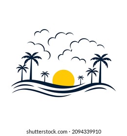 sunset background with coconut trees and sea