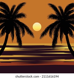 El concepto de fondo de la puesta de sol con un bonito ejemplo de palmera en la playa