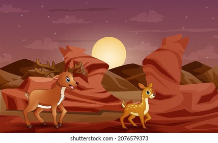 Sunset background with deer and her cubs on the desert