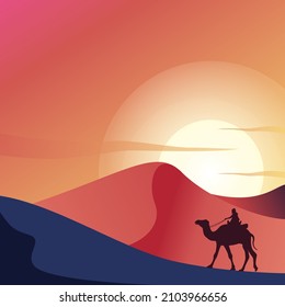 sunset background design in the desert with camel ride 
