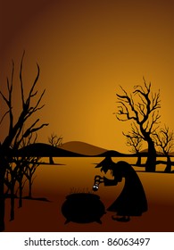 sunset background with dry tree witch boiling skull