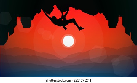 sunset background. Extreme rock climber. climber on a cliff with mountains. Mountain climber walpaper for desktop. Silhouette of a rock climber with sunset. 