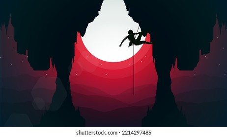 sunset background. Extreme rock climber. female climber on a cliff with mountains. Mountain climber walpaper for desktop. Silhouette of a rock climber in the night with moon.