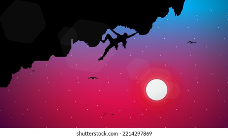 sunset background. Extreme rock climber. female climber on a cliff with mountains. Mountain climber walpaper for desktop. Silhouette of a rock climber in the night.