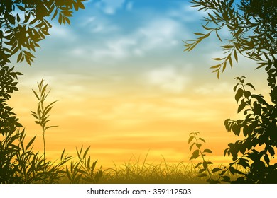 A Sunset Background with Floral Border and Leaves