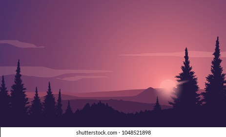 Sunset background with forest landscape