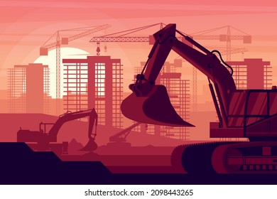 Sunset background with heavy machinery and city under construction with excavator, wheel excavator, concrete truck and telescopic crane