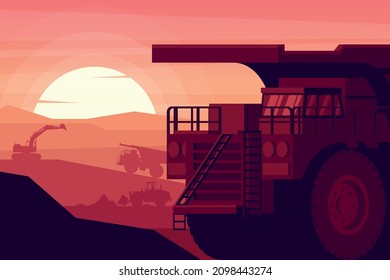 sunset background with heavy machinery of mining truck, excavator and front loader working in a mine