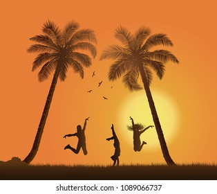 Sunset background with jumping young girls silhouette.