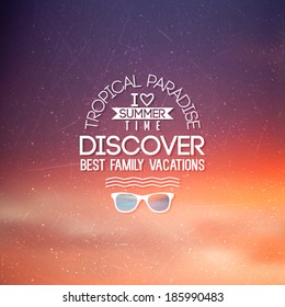 Sunset background with label for summer design. 