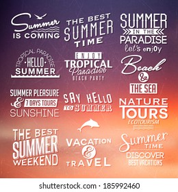 Sunset background with labels for summer design. 