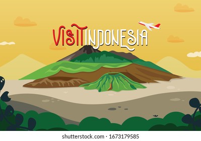 Sunset Background of Mount Bromo Indonesia. Flat cartoon style historic sight showplace attraction web site vector illustration. World countries cities vacation travel sightseeing Asia collection.