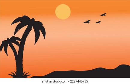 sunset background on the hill, there are eagles and coconut trees