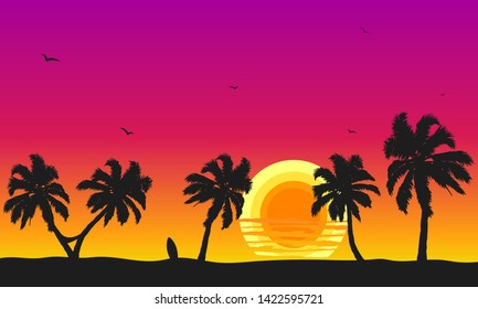 Sunset background with palm trees surfboard