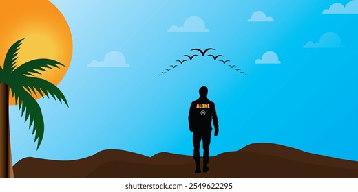 sunset background with palms, sky, birds, man with vector 