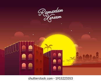 Sunset Background With Residential Buildings And Mosque Illustration On The Occasion Of Ramadan Kareem.