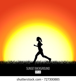 Sunset background with running woman black silhouette. Burning sun sets over the horizon. Evening dawning background. Vector illustration.